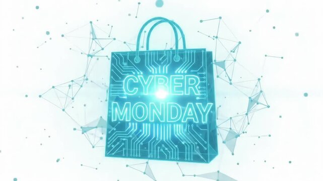 Cyber Monday digital shopping bag motion graphic featuring glowing blue circuit board technology lines for futuristic online sale promotion loop
