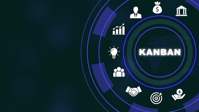 Dynamic kanban methodology infographic animation featuring digital business workflow project management strategy, agile development process, team collaboration, and corporate productivity