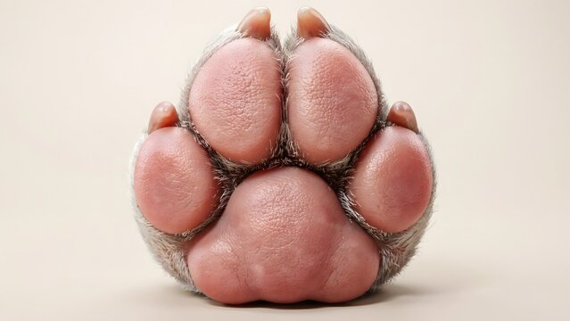 Closeup view of a pink dog paw showing toe beans and soft fur details against a neutral background