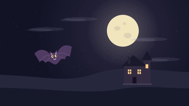 Animation of a cute cartoon bat flying over a haunted house on a full moon night with Happy Halloween text