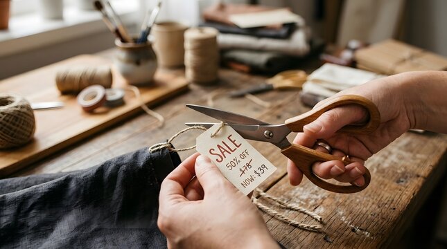 Rustic artisanal price tag cutting on wooden workbench, artisan hands preparing retail sale label, craft shop packaging environment