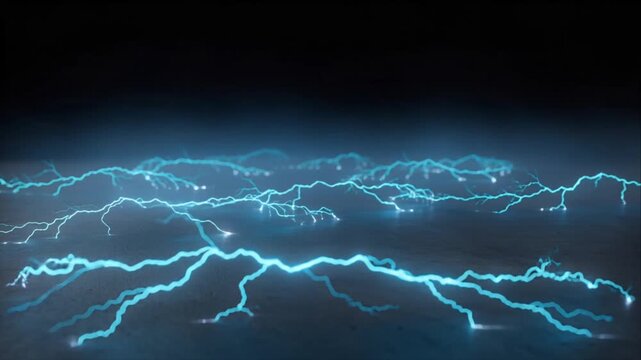 Electric Lightning Energy Storm Horizon with Blue Bolt Flashes Illuminating Dark Clouds Above Reflective Water, Creating Dramatic Atmospheric Weather Scene with Thunder and Natural Power