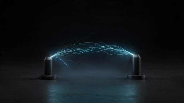 Electric Lightning Energy Arc Discharge Between Metal Electrodes in Dark Laboratory, Blue Electricity Spark Glow Creating Dramatic Scientific Display Across Reflective Black Surface