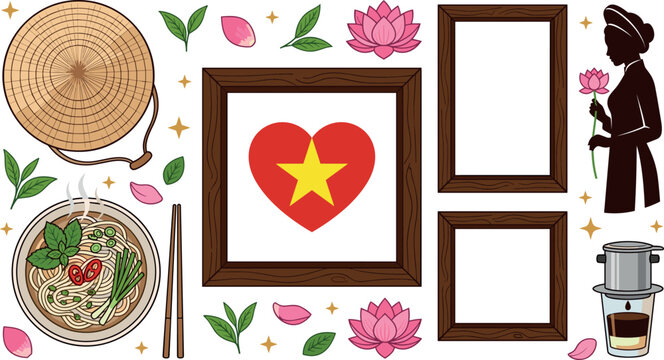 Vietnam Culture and Travel Vector Icon Set with Pho Noodle Soup Conical Hat Coffee Drip and Lotus Flower Elements