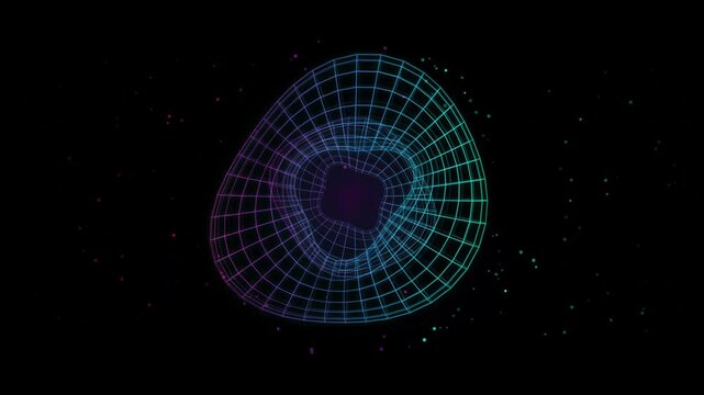 Rotating 3D wireframe capsule shape in purple and cyan with particles