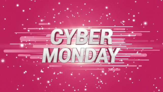 Cyber Monday 3D text animation loop illuminated by bright lens flare and speed streaks over vibrant magenta holiday retail background
