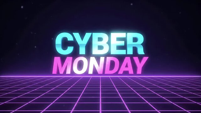 Cyber Monday retro 80s synthwave loop featuring glowing neon typography moving over futuristic purple perspective grid terrain
