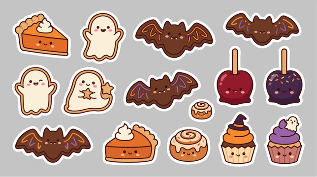 Halloween stickers set featuring cute spooky treats ghosts and bats in vector illustration style
