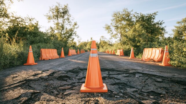 Road Construction Zone with Orange Traffic Cones and Barriers Surrounded by Vegetation