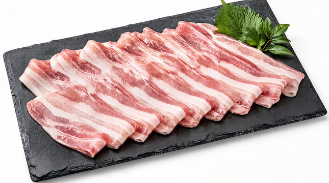黒い皿に綺麗に並べられた豚バラ肉のスライス