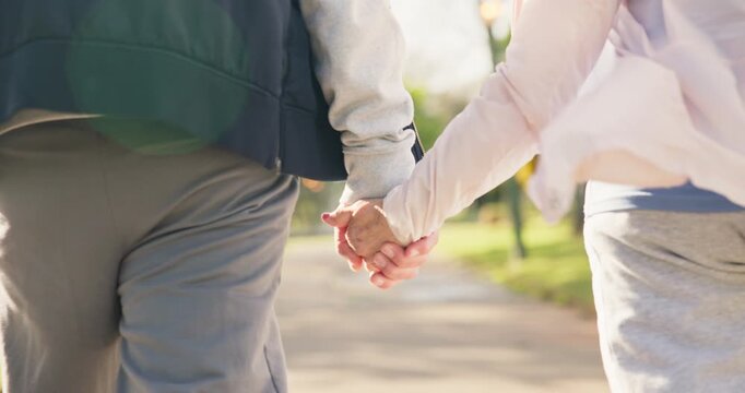 Walking, holding hands and senior couple outdoor in park with love, commitment and trust with wind. Old man, woman and back in nature for bonding, partner and support or connection in marriage
