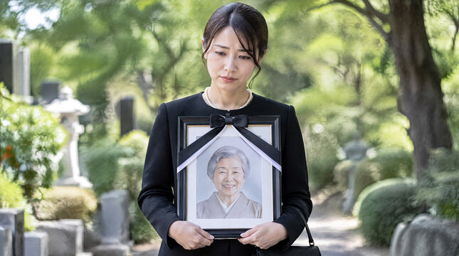 遺影を持って悲しむ喪服の女性