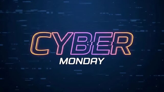Cyber Monday glitch text motion graphic loop with glowing blue and pink neon 3D typography over dark digital technology background
