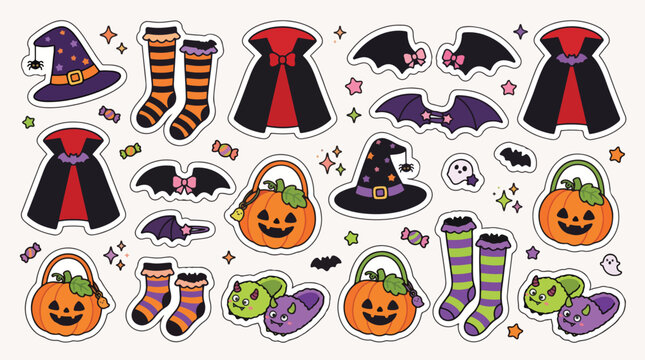 Halloween stickers collection featuring cute pumpkins, spooky witch hats, vampire capes, and striped socks
