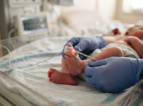 infant pulse oximeter placement Newborn baby receiving medical care in a hospital neonatal intensive care unit.