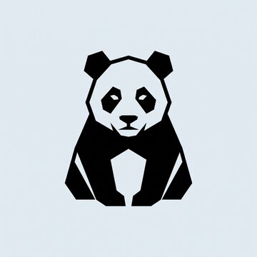 Minimalist Geometric Black and White Panda Logo Icon Front View Sitting on Light Background