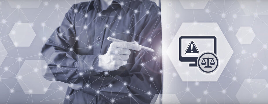 Legal tech concept illustration showing a businessman pointing at a computer monitor icon with a warning sign and scales of justice, representing IT law and digital regulations