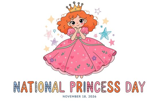 Cute cartoon princess in pink dress with crown celebrating national day digital art fairytale character illustration children celebration childhood whimsical colorful