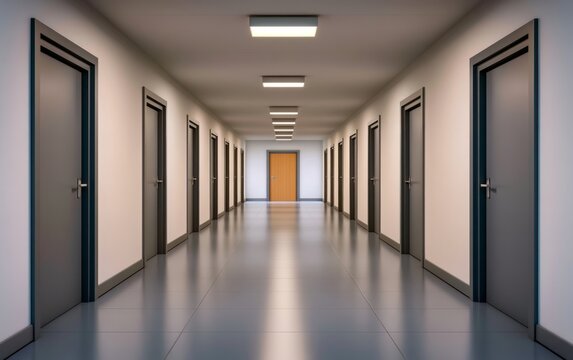 Minimalist Hallway with Repeating Doors Leading to a Central Feature in a Modern Setting