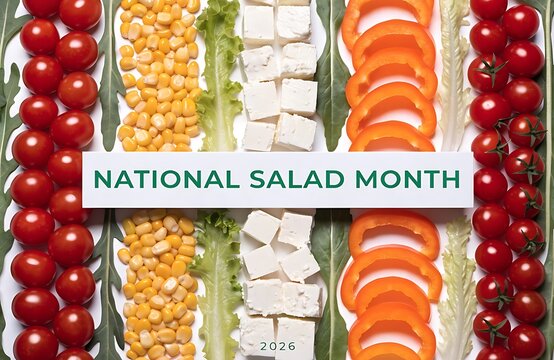 Fresh salad ingredients organized in stripes of tomato corn lettuce and cheese with cherry tomatoes sweet feta bell peppers raw food flat lay vegetables healthy vegetarian