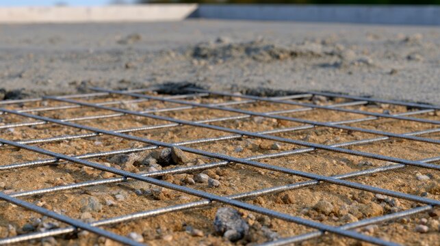 Detailed View of Freshly Installed Building Foundation Reinforcement Focused on Metal Grid