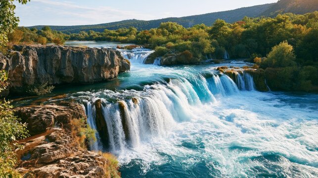 Serene Natural Landscape Featuring Rugged Rocks and Flowing Waterfalls in a Tranquil Environment