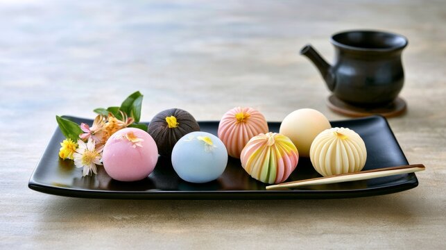 Exquisite Japanese Wagashi Assortment on Elegant Black Plate with Tea Set in Background