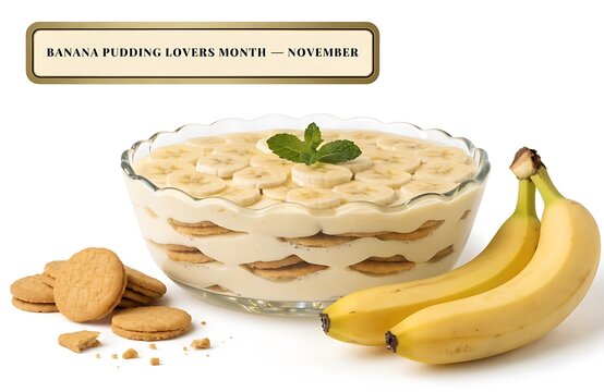 Glass bowl of banana pudding layered with vanilla wafers and sliced fruit dessert comfort food tropical white background mint leaves studio photography salad sweet treat