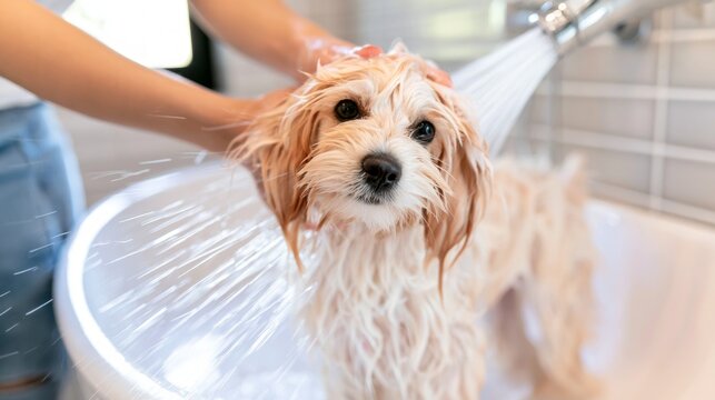 Adorable Dog Enjoying a Gentle Bath Inside a Modern Bathroom with Soothing Water Spray