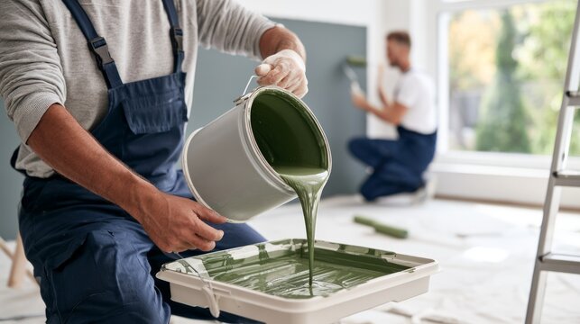 Home Improvement Project Featuring Worker Painting Wall with Green Paint in Modern Interior Space