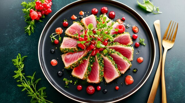 Contemporary Tuna Dish Featuring Thick Slices with Garnish and Colorful Accents on Dark Plate