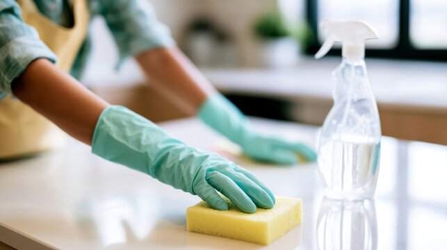 Person Cleaning Kitchen Surface with Sponge and Spray Bottle for Household Sanitation Concept