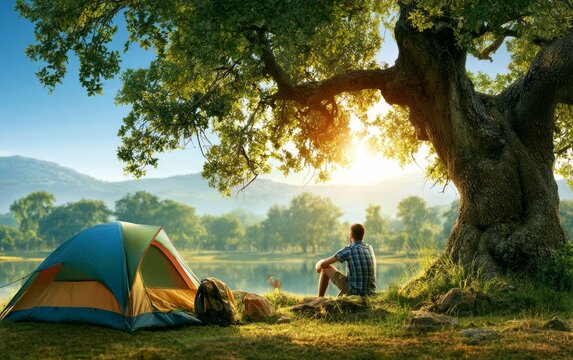 Young Camper Sitting beside Colorful Tent Under Large Tree by Serene Lake at Sunset