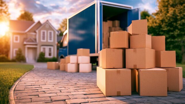 Relocation Scene with Moving Boxes and Truck Under Beautiful Sunset at Residential Area