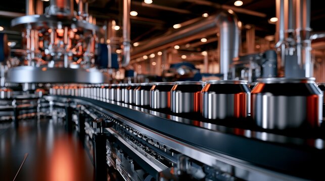 Automated Production Line for Beverage Cans in Industrial Facility with Shiny Metallic Finish
