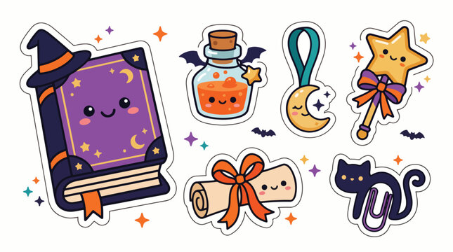 Halloween stickers collection featuring cute magic book potion bottle wand and black cat vector illustration
