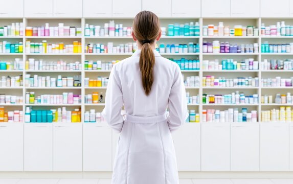 Female Pharmacist Analyzing Prescription Medications in Modern Pharmacy Interior Setting