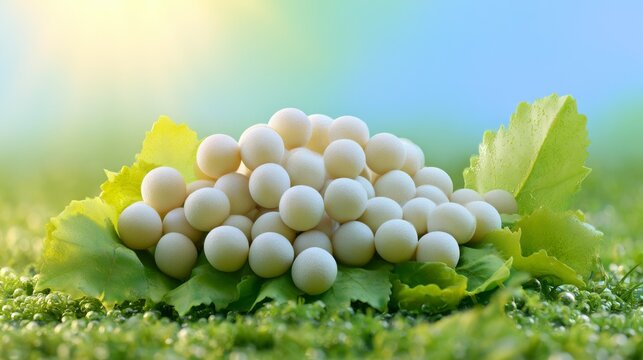 Close-Up of Freshwater Ecosystem with White Spheres on Green Leaves Under Gentle Sunlight