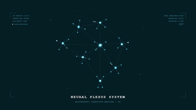 Digital neural network plexus system displaying futuristic holographic brain mapping data interface