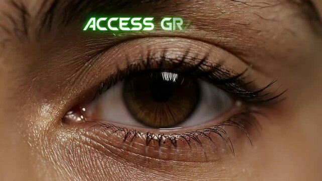 Biometric Eye Scan for Access: A close-up of a human eye with a futuristic green digital overlay displaying ACCESS GR, symbolizing advanced security and identification technology.
