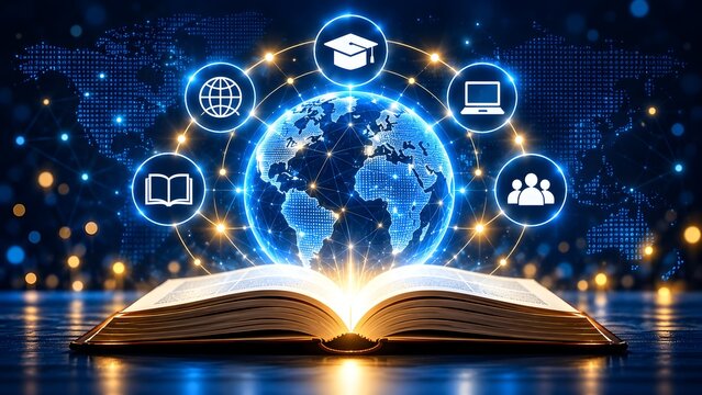 Glowing digital globe hologram emerging from an open book with international education icons representing global online learning network and study abroad