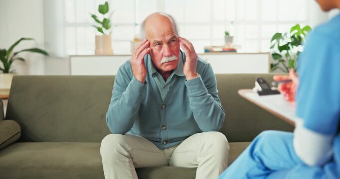 Stress, old man or nurse in home with consulting, explain memory loss or notes on cognitive decline. Homecare, caregiver and senior with dementia concern, confusion and health assessment on checklist