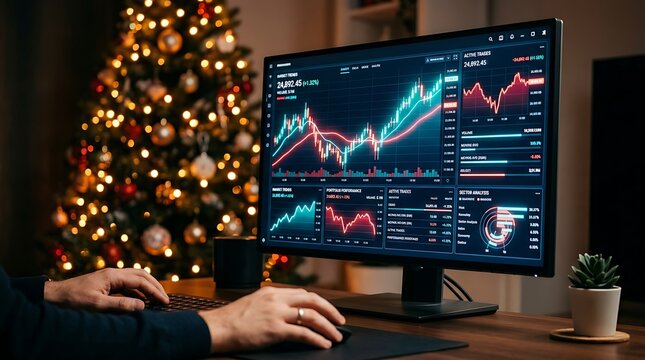 Trader analyzing stock market charts on computer screen with festive Christmas tree bokeh background