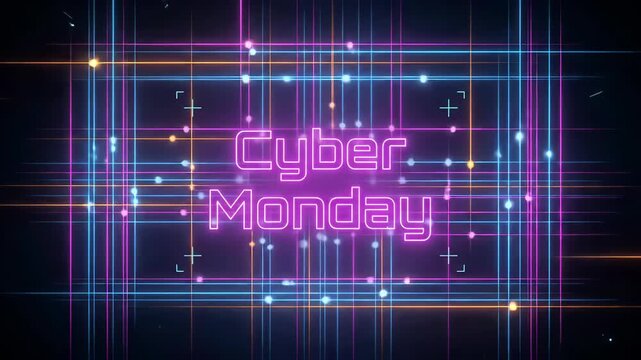 Cyber Monday neon digital grid loop with glowing magenta typography and futuristic matrix data streams for online tech sales
