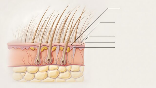 Cross section diagram of human skin anatomy featuring hair follicles, epidermis, dermis, and subcutaneous layer