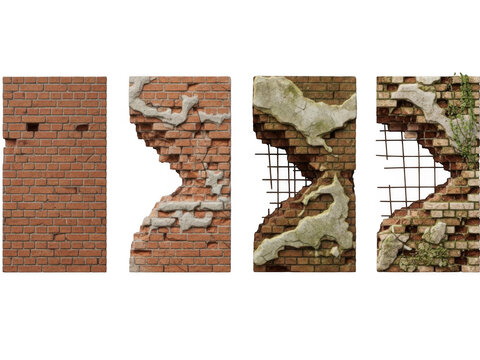 Set of four damaged red brick wall segments with concrete and exposed rebar isolated on transparent background