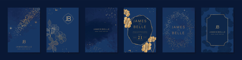 Luxury invitation card design vector set. Elegant wedding card with botanical flower decorative on navy blue background. Design illustration for cover, poster, gala. © babeer