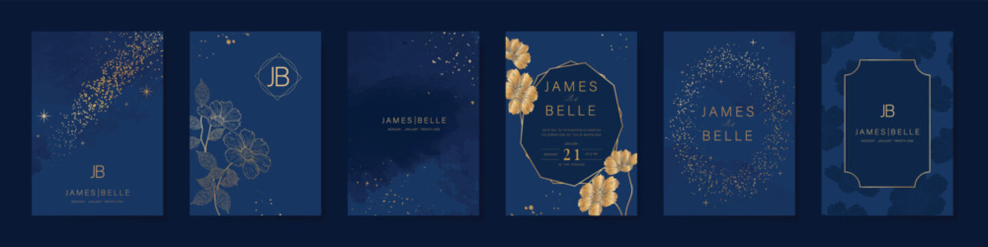 Luxury invitation card design vector set. Elegant wedding card with botanical flower decorative on navy blue background. Design illustration for cover, poster, gala.