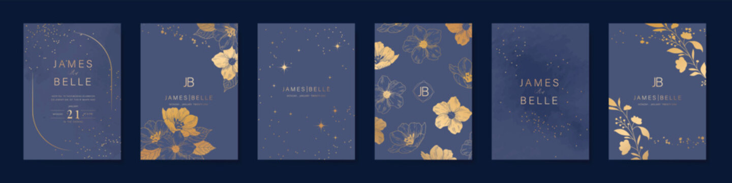Luxury invitation card design vector set. Elegant wedding card with botanical flower decorative on navy blue background. Design illustration for cover, poster, gala.