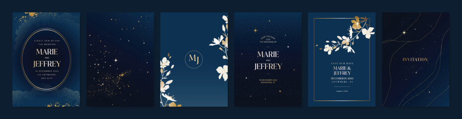 Plakat Luxury invitation card design vector set. Elegant wedding card with botanical flower decorative on navy blue background. Design illustration for cover, poster, gala.